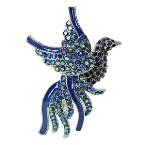 Blue bird crystal brooch pin with blue enamel and blue sparkle crystals
